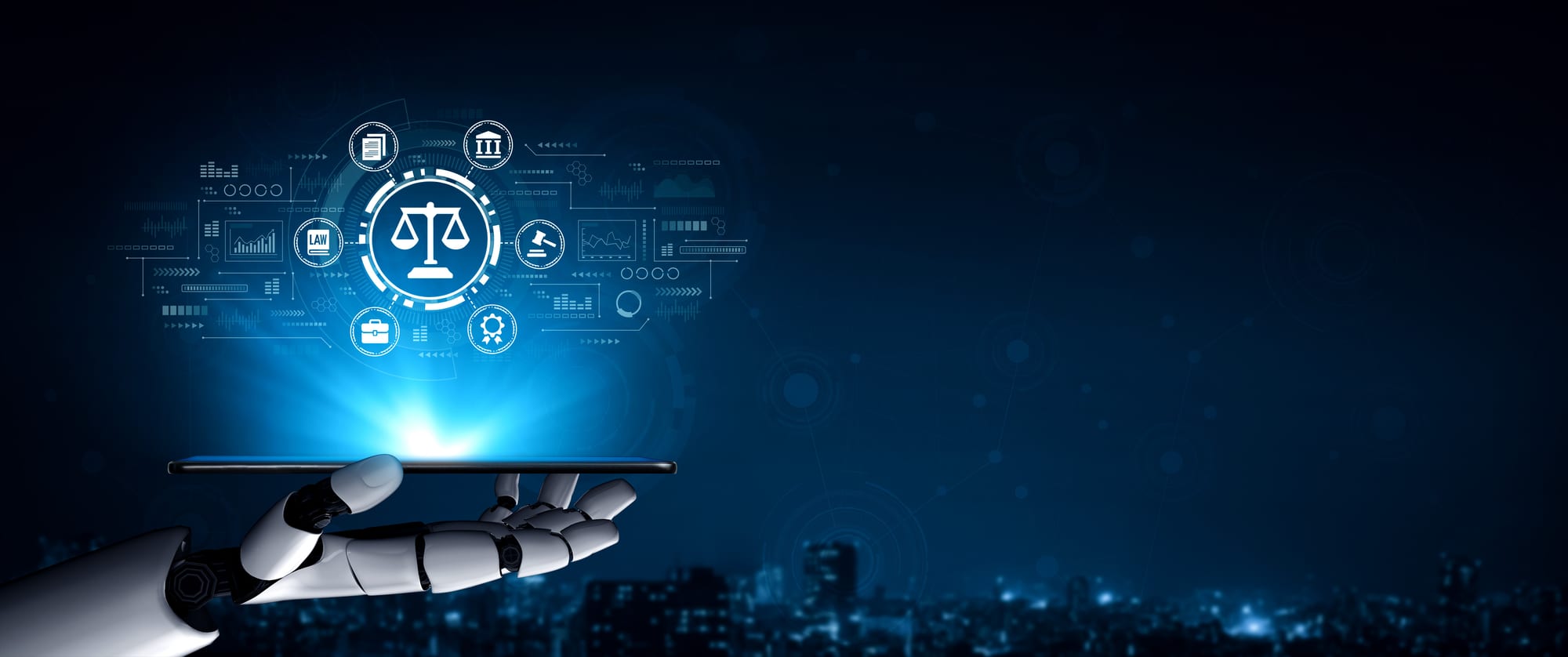 A robotic hand holding out a tablet, from which a glowing set of scales rises surrounded by icons for law, a courthouse, a gavel and a certificate, above a night-time city skyline.