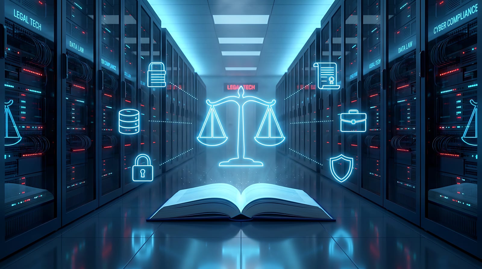 A data centre aisle with a law book open at the end of it, a glowing set of scales above the pages, and the words Legal Tech, Data Law and Cyber Compliance on the server racks.