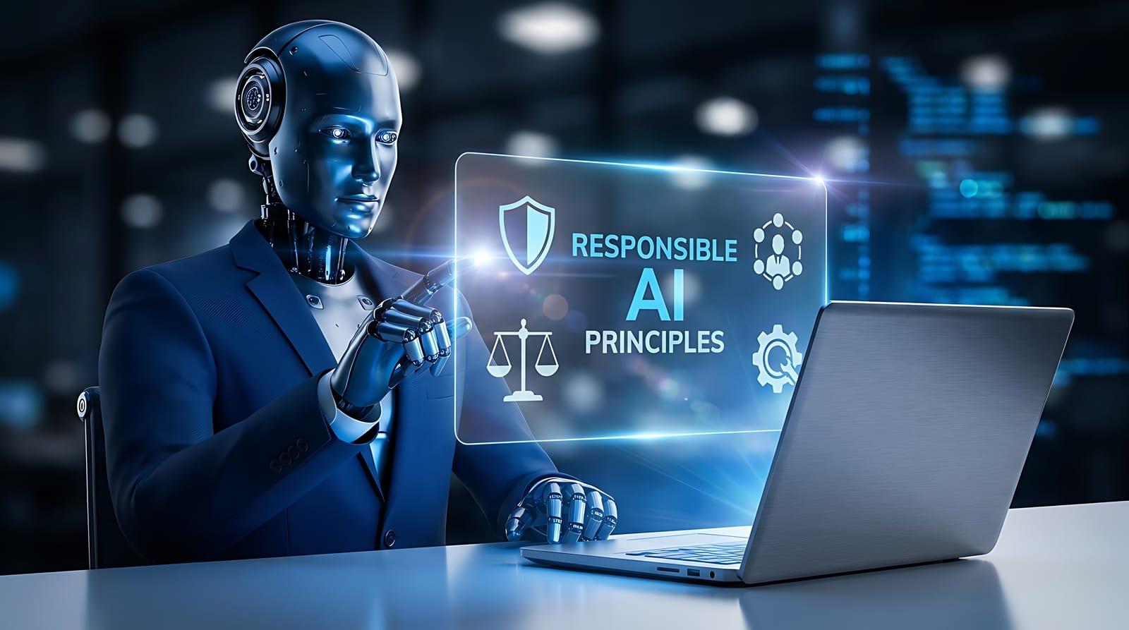 A humanoid robot in a suit seated at a laptop, touching a translucent panel headed Responsible AI Principles, alongside icons of a shield, a group of people, scales of justice and a gear.