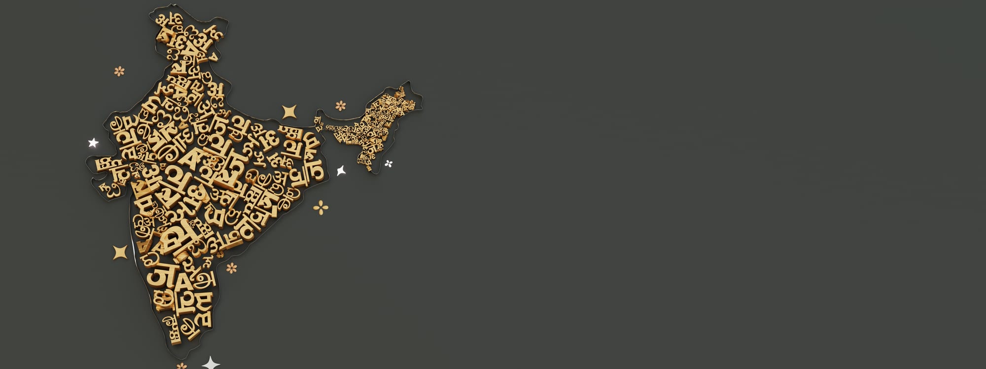 A map of India formed from gold three-dimensional letters drawn from many Indian scripts, on a dark grey background.