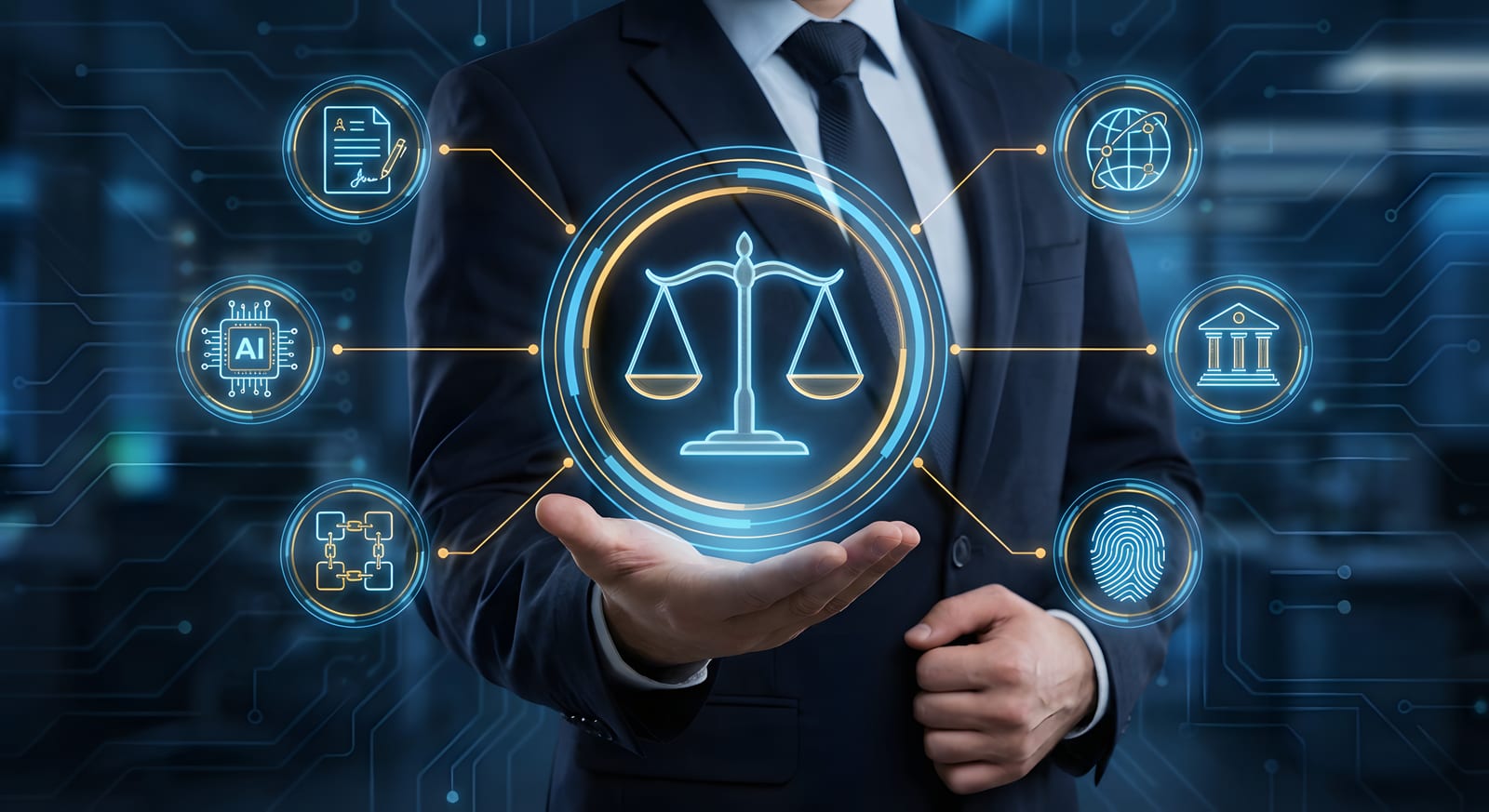 A person in a suit holding out an open hand, above which a glowing set of scales is ringed by icons for AI, a signed document, a globe, a courthouse and a fingerprint.