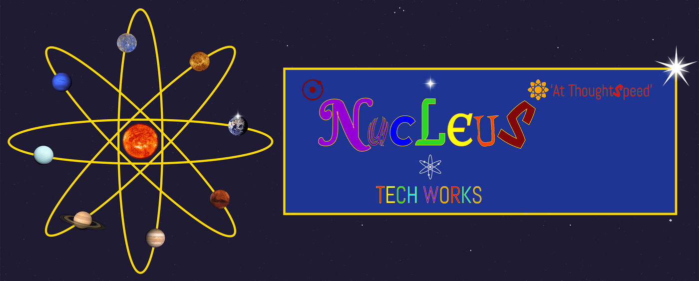 The full Nucleus Tech Works logo: the wordmark in VIBGYOR colours, with a live blood cell above the letter N, a flowered rim and yellow dot above the letter S, and an atom in action set between 'Nucleus' and 'Tech works'.