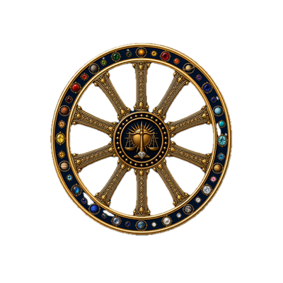The MY Legal Desktop emblem: a golden many-spoked wheel, its rim set with the planets and their gemstones, enclosing the scales of justice before a rising sun.