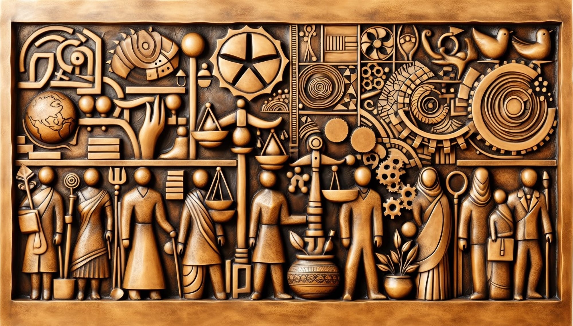 A bronze relief panel. Along the lower register stand ordinary people — a farmer, women in saris, an elder with a stick, a worker, a mother and child, figures carrying files and briefcases. Above them run symbols of law, science and craft: scales of justice, a globe, books, gears, a potter's vessel, birds in flight.