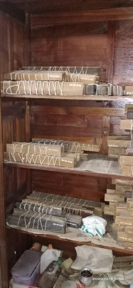 Palm leaf manuscript bundles stored on the shelves of a wooden cabinet, each bundle tied with cord and labelled with an accession number.