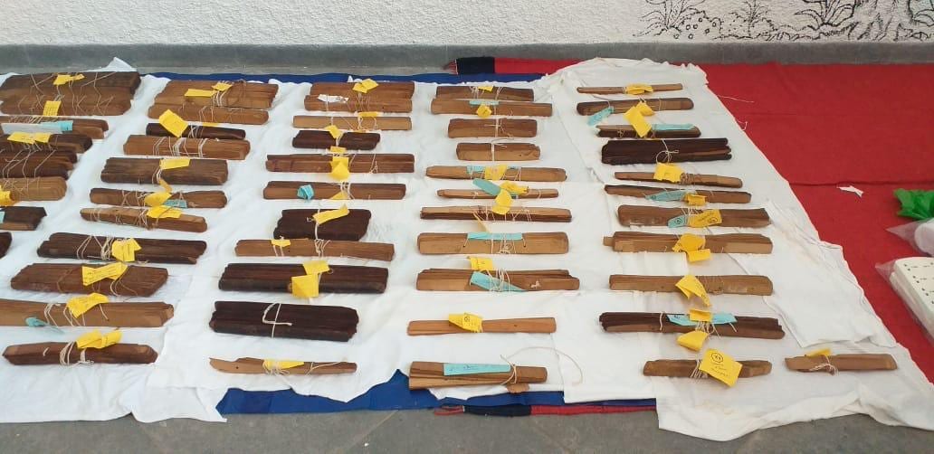 Dozens of palm leaf manuscript bundles laid out in a grid on white cloth, each tied with cord and tagged with a yellow or blue accession label.